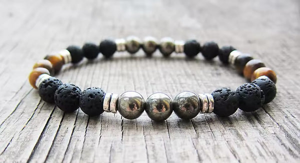 Rare Tiger Eye, Lava Stone & Pyrite Bracelet
