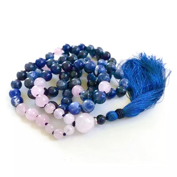 Sodalite & Rose Quartz Communication & Love 108 Meditation Mala Beaded Necklace