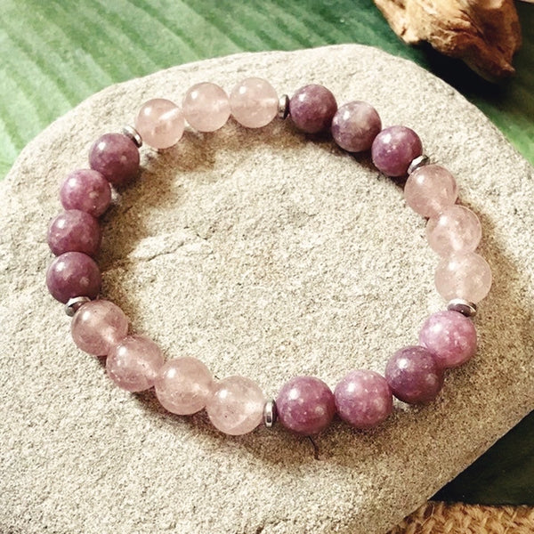 Rare Lepidolite & Strawberry Quartz Bracelet